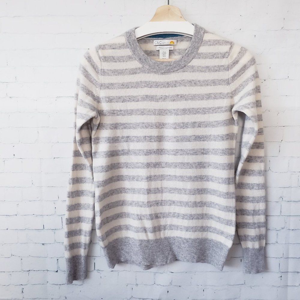 C&C California 100% 2 Ply Cashmere Sweater Size M Gray Striped Crew Neck Womens